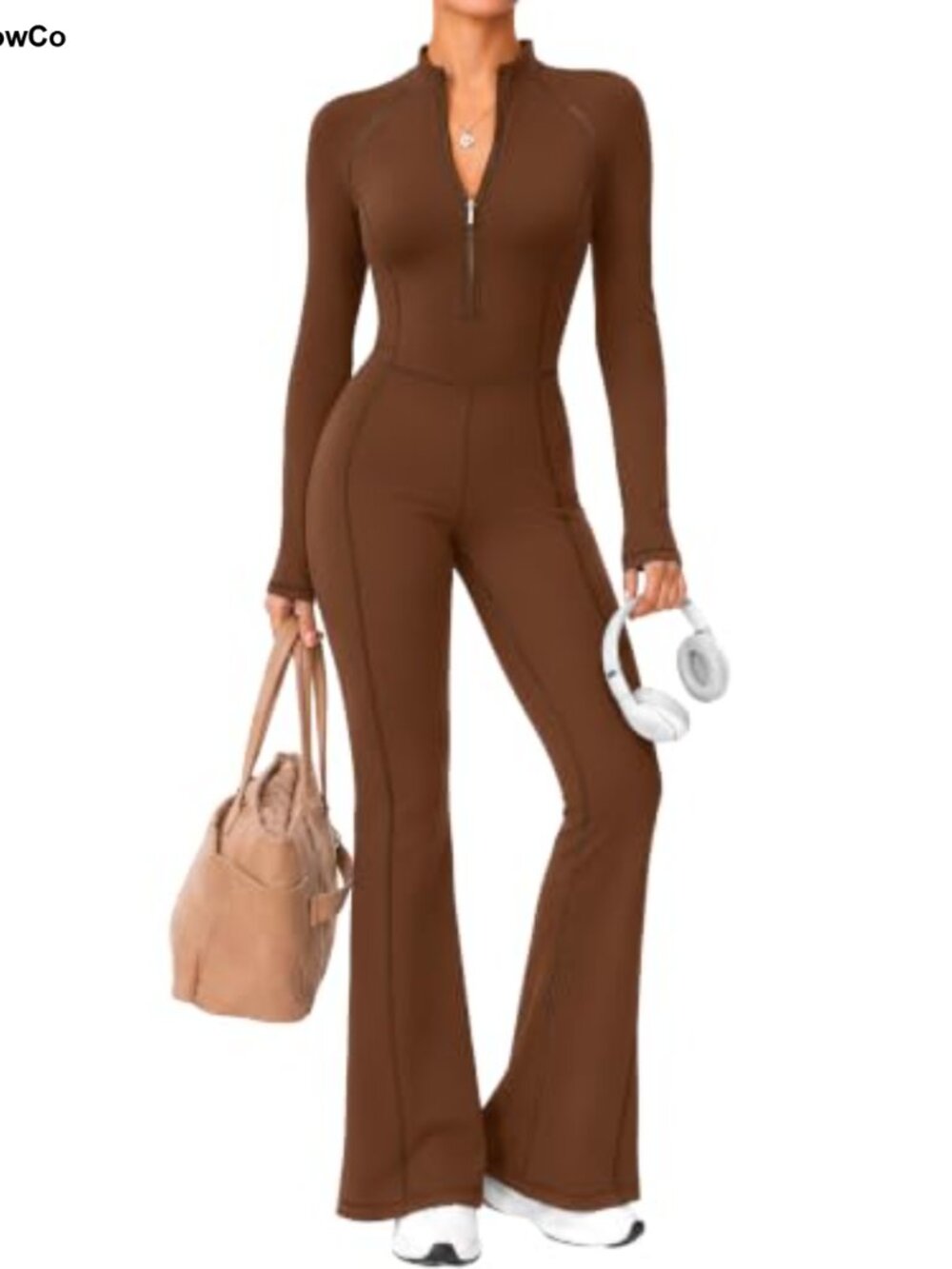 Long Sleeve Half-Zip Flared Workout Jumpsuit Women's Mock Neck